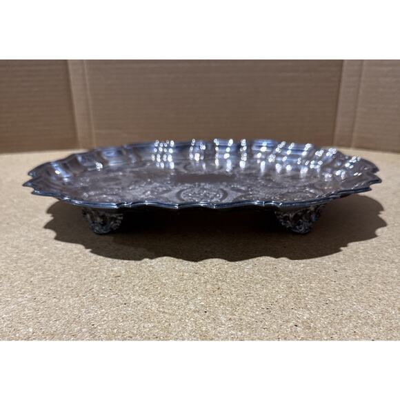 VTG Footed Silverplate Serving Tray Victorian Scroll & Cartouche Design Unmarked - Picture 2 of 10